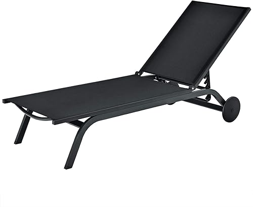 Tangkula Tumbona de aluminio para exteriores, silla reclinable para patio con 6 respaldos ajustables, tumbona reclinable con ruedas para playa,