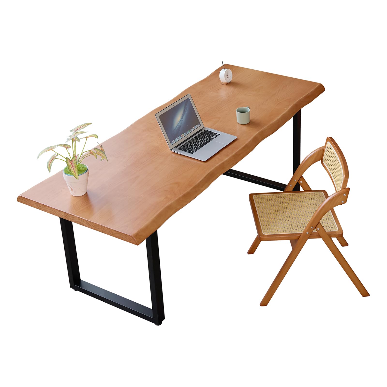 KunAndPeng Stylish Solid Wood Office Desk with Sturdy Metal Base - Durable Executive Computer Desk or Dining Table