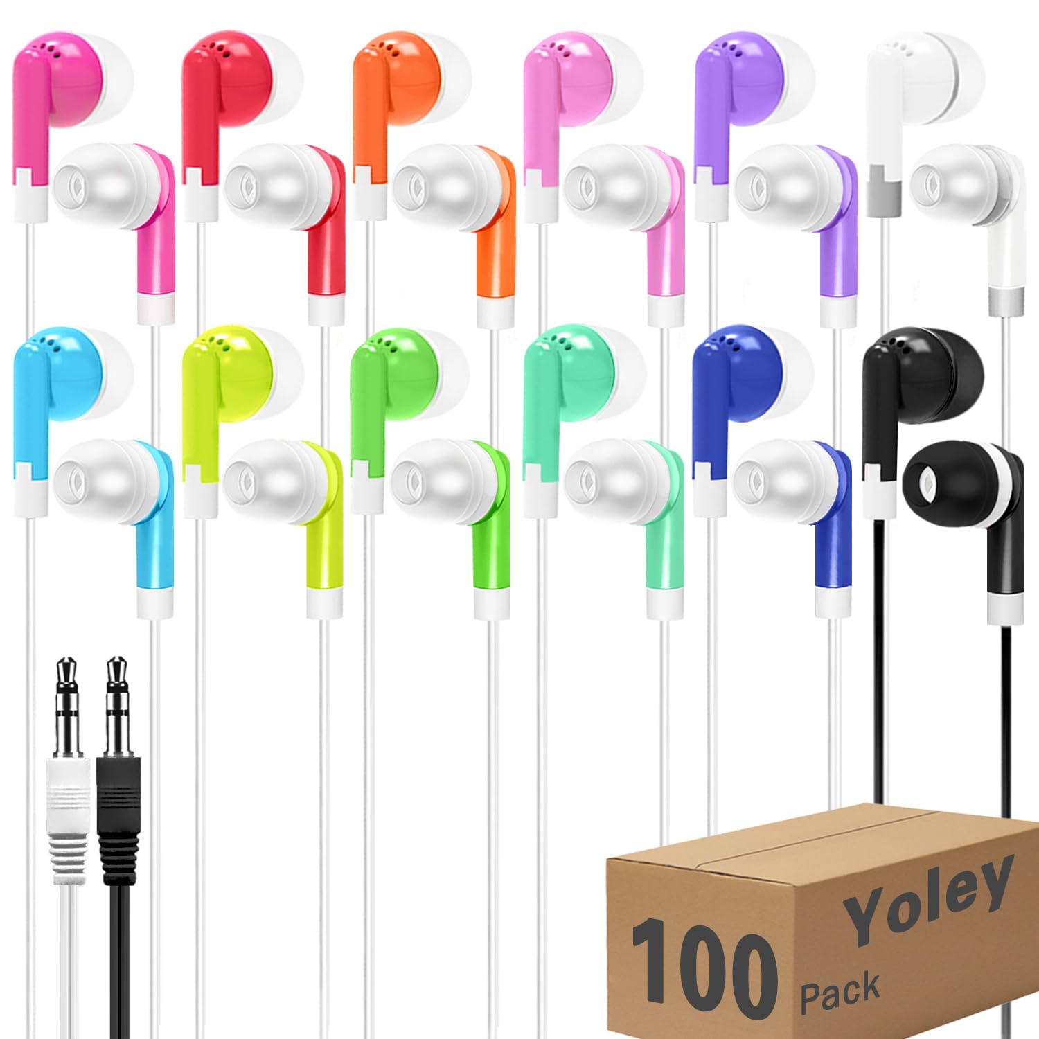 Yoley Kids Earbud Headphones Bulk 100 Pack Multi Color Class Set for School Classroom Students Children, Wholesale Durable Earphones (100 Mixed) (