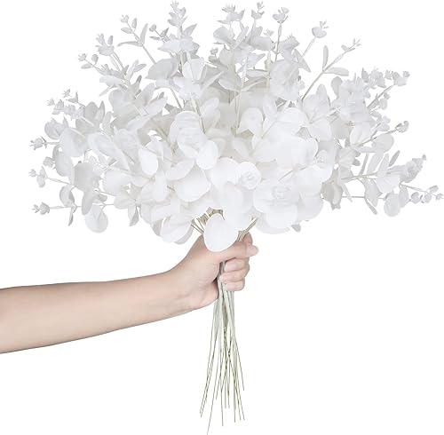 Gorgeoos Ramo de 16 tallos de eucalipto artificiales de seda sintética blanca con 4 ramas tallo de hoja de tacto real para jarrón mesa de boda