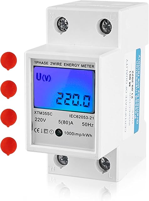 Single Phase Energy Meter with LCD Backlight Display, Digital Electricity Meters 220v 5(80) a Digital 1 Phase 2 Wire 2p Din Rail Electric Meter, 35mm Din Rail Type Energy Meter Electronic Meter