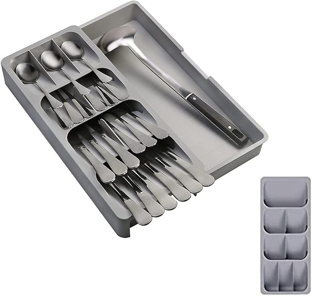 Cutlery Tray, Expandable Kitchen Drawer Cutlery Organizer, Multi-Purpose Cutlery Storage, 40.5*16.5*5.5cm,Grey