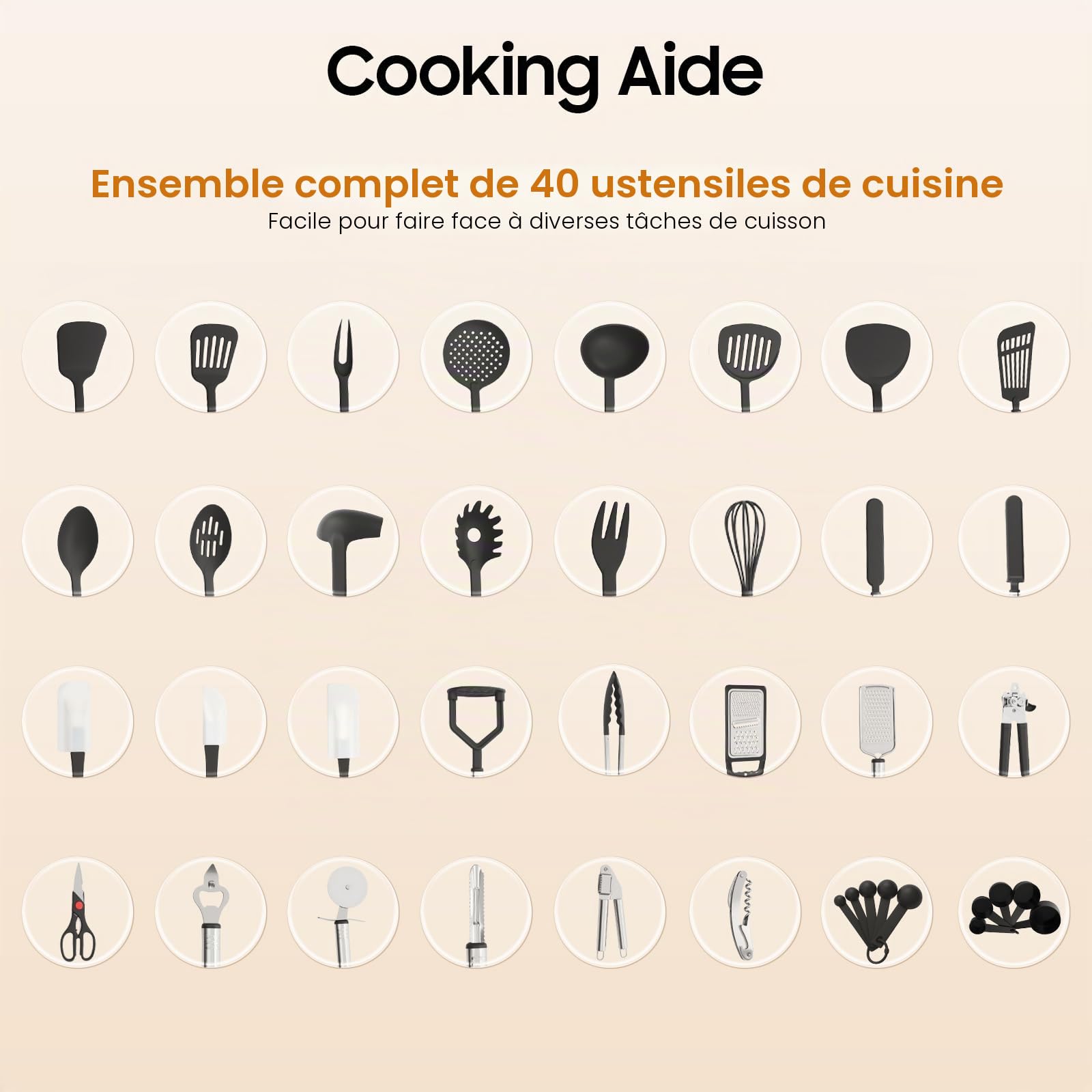 Lot de 40 ustensiles de cuisine en acier inoxydable et nylon - Avec support - Cuillère avec cuillère - Tongs - Fouet à neige - Ouvre-boîte, etc