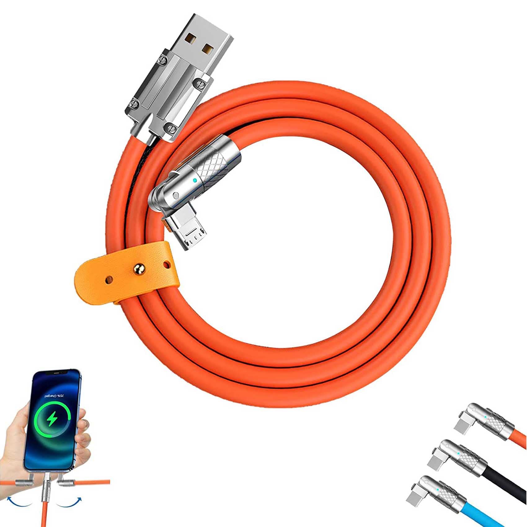 Chubby Gamer 180 Rotating Fast Charge Cable, 180° Rotating Fast Charge Cable, 120w Fast Charge Silicone Data Cables,LED Indicator Flexible Rotary Connector,for iPhone,Type-C,USB (for iPhone, Orange)