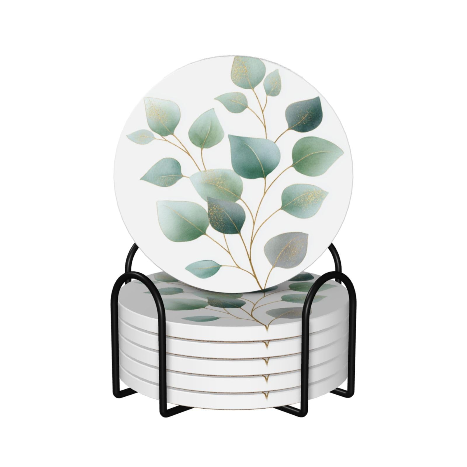 Watercolor Green Branch Eucalyptus Ceramic Coasters with Holder 6ps