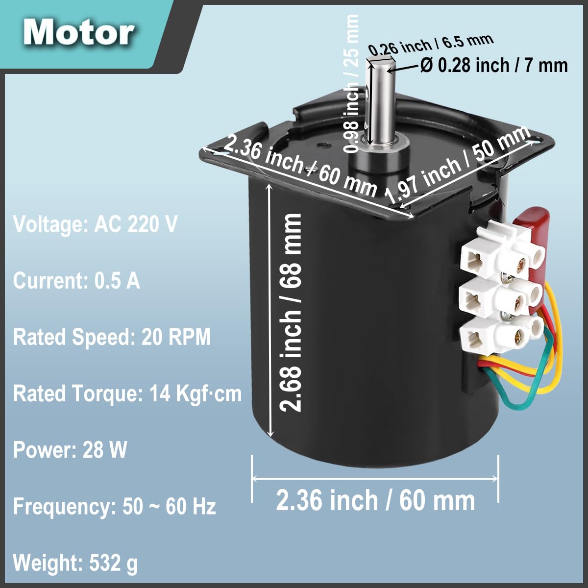 68KTYZ Synchronmotor 20RPM AC 220V CW/CCW Rotationsgetriebe Permanentmagnet-Mikromotor mit Halterung, 3-Positionsschalter, Federdraht, für Elektrogeräte/Stufenlampe/Automation/DIY/Test