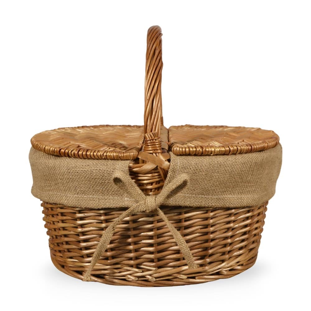 Cesto Picnic in Vimini e Juta con Coperchio e Manico 50x32 h42 cm — Cestino da Pic Nic per 2-4 Persone, Raccolta Funghi, Idea Regalo