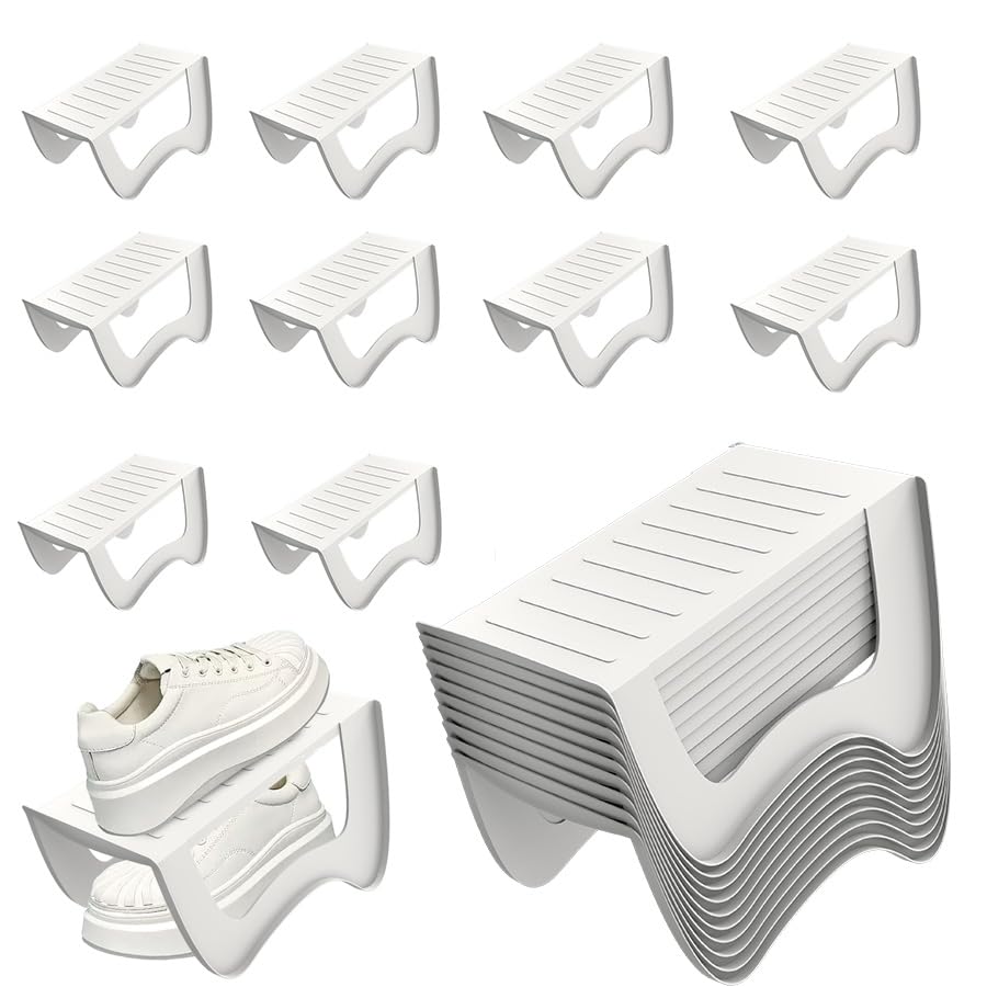 Aufun 10 Stück rutschfest Schuhstapler Schuhschlitze PP Anti-rutsch Schuhhalter Schuhregale Platzsparend Schuh Organizer Schuhaufbewahrung Doppelschicht Schuhorganizer Schrank 25x14,5x14cm, Weiß