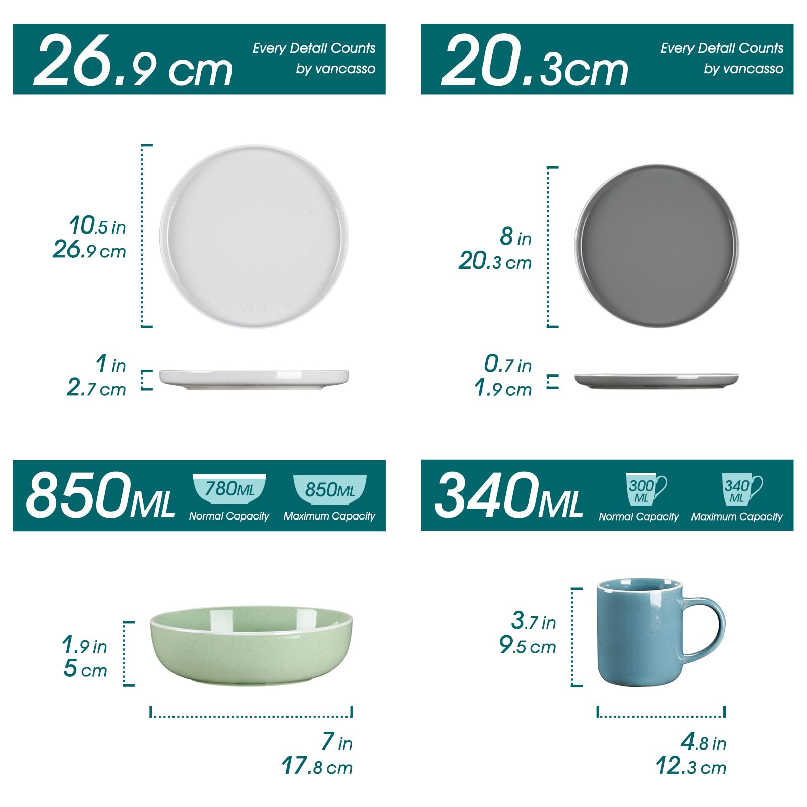 vancasso SESAM Zastawa stołowa z kamionki, 16-częściowy serwis obiadowy, z talerzami do ciasta, talerzami płaskimi, filiżankami do kawy i miseczkami, skandynawski design, dla 4-12 osób