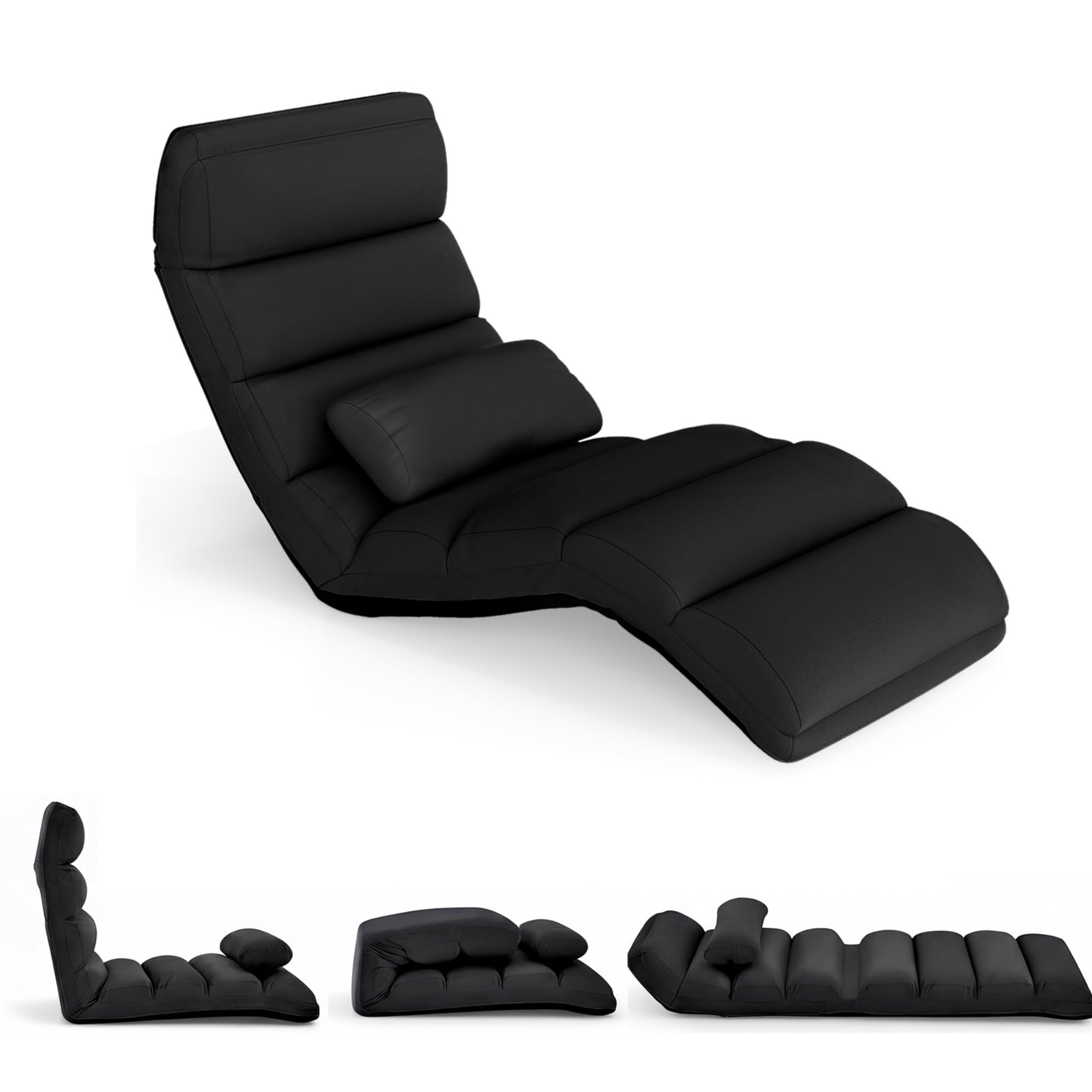RELAX4LIFE Relaxliege, Bodenliege 5-Fach Einstellbar, Bodenstuhl Faltbar, Relaxsessel mit Kissen, Liegesessel mit Schlaffunktion, bis 120kg belastbar, Klappsessel für Lesen & Schlafen (Schwarz)