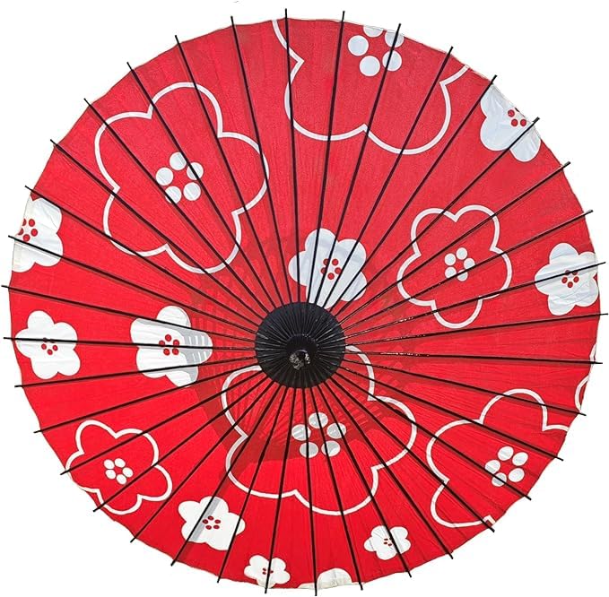 山本竹細工屋 （YAMAMOTOTAKIZAYIKUYA) ）Japanese Style Folding Umbrella with Handle for Dancing or Photography, Red Plum Blossom Design