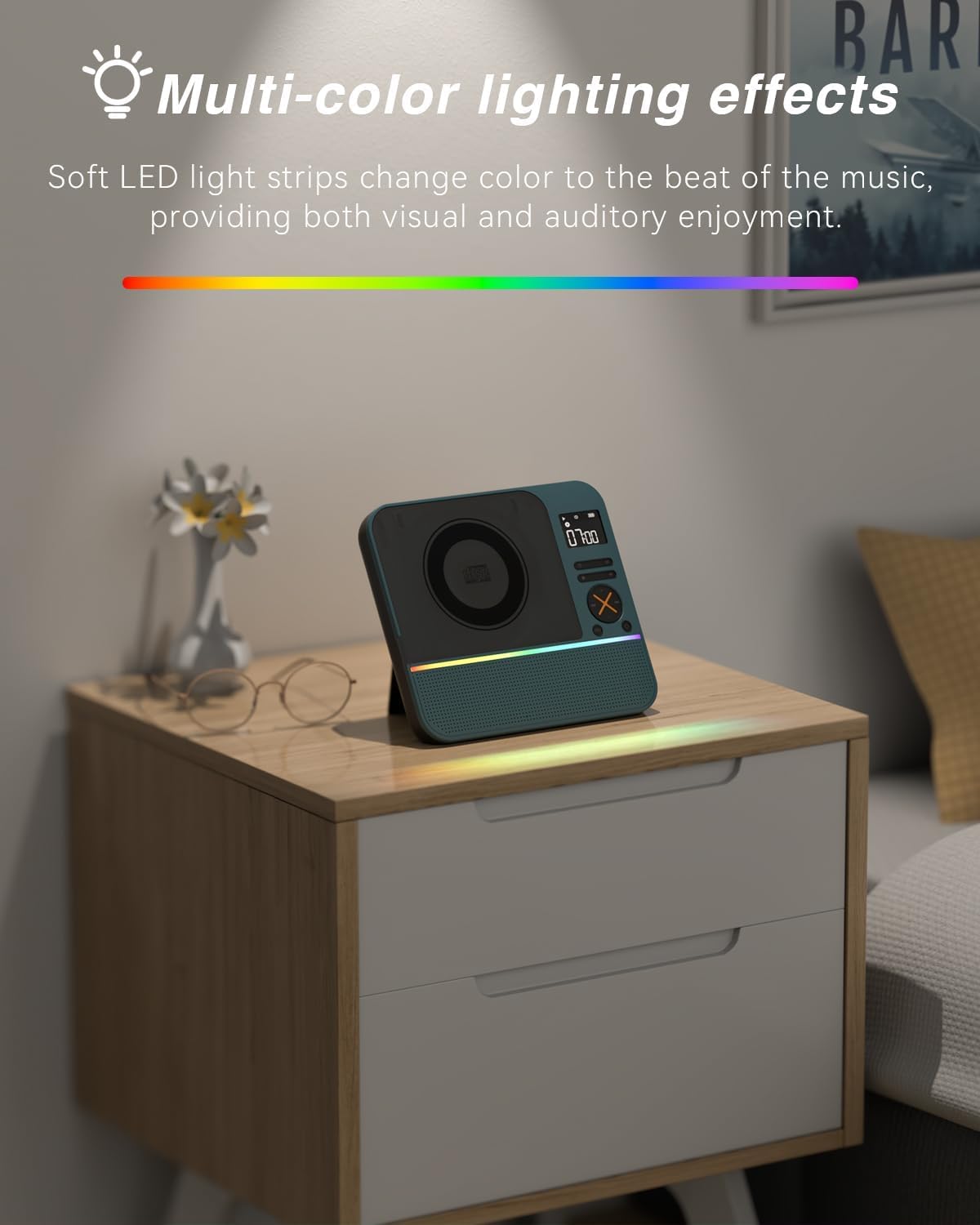 MONODEAL Bluetooth CD Player mit RGB Licht, Radio, Sleep Timer,HiFi Stereo | Wiederaufladbar Tragbarer CD Player