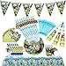 Herefun Stoviglie per Feste di Compleanno, 64 Pezzi Forniture per Feste per Bambini, Incluse Stoviglie, Biglietti D'invito, Banner, Tovaglie per Feste, Compleanni, Anniversari, Matrimoni (64 Pezzi)