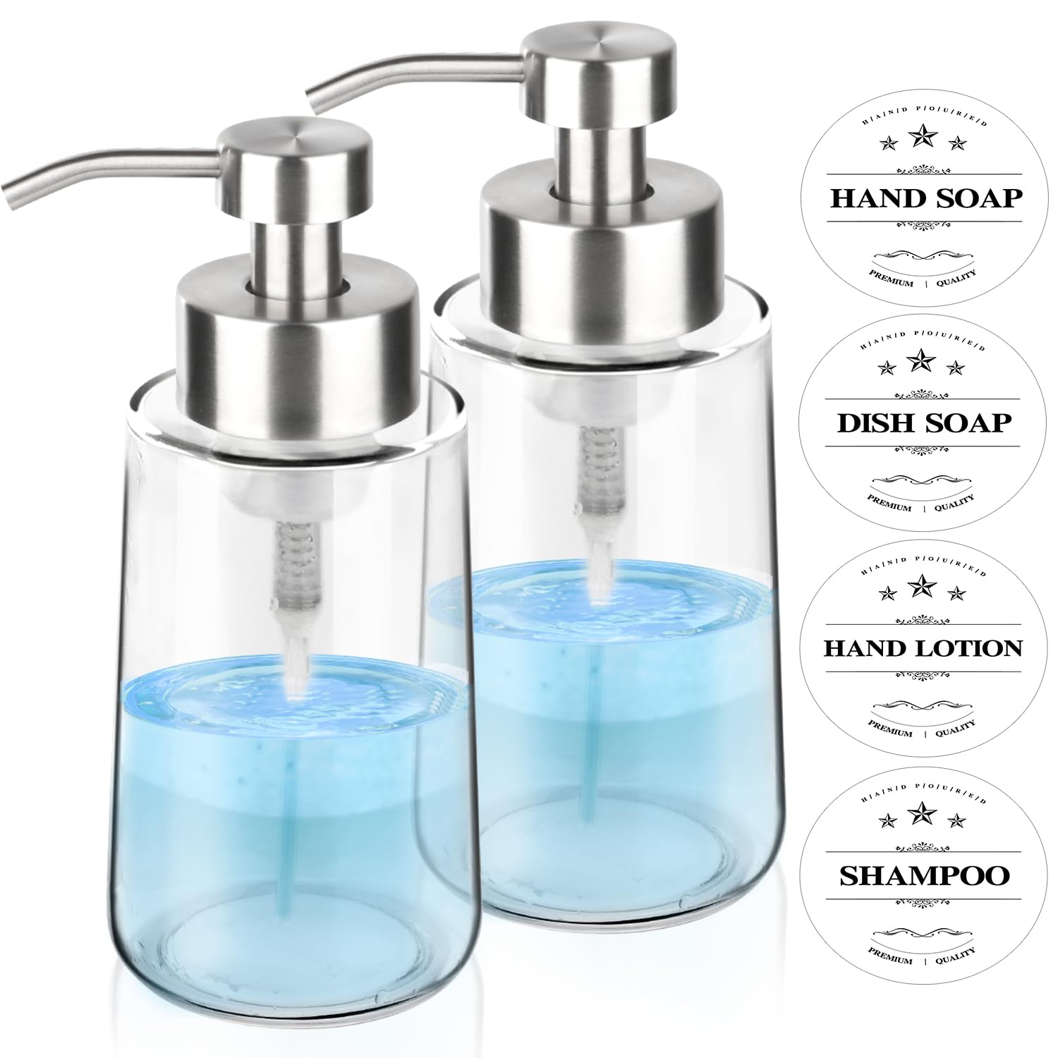 2 Pack Glass Foaming Soap Dispenser With Waterproof Labels, Hand and Dish Set, Rust Proof Stainless Steel Pump, 15 Oz Clear Bottle for Kitchen & Bathroom