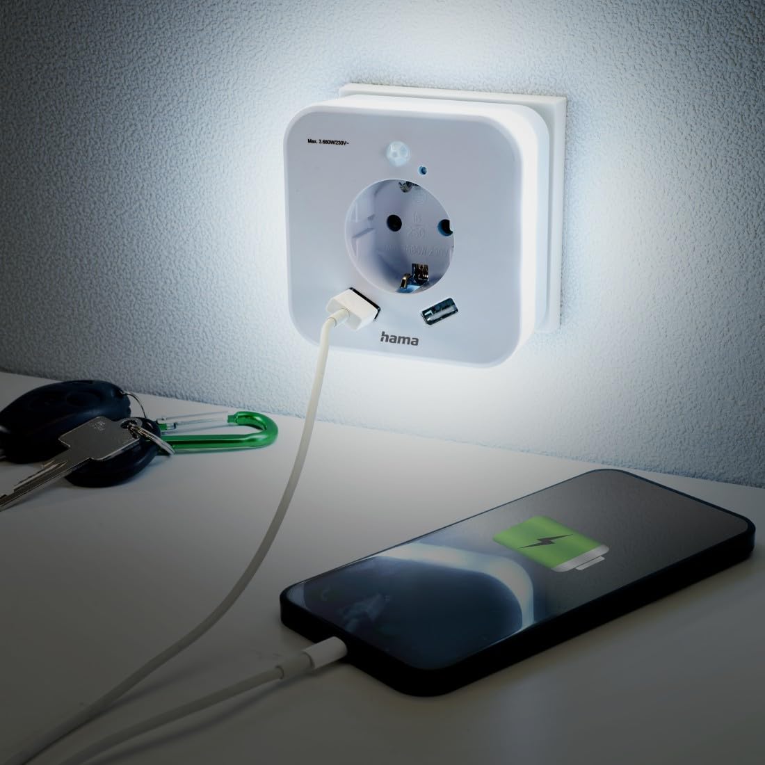Hama | Luz nocturna con 2 puertos USB (Con detector de movimiento, Bajo consumo, Enchufe con protección) Color Blanco