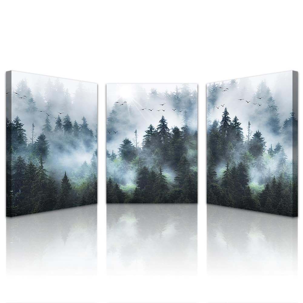 Lapremoly Wall Decorations For Living Room Canvas Wall Art For Bedroom Modern Office Wall Decor Trees Landscape Pictures Foggy Forest Wall Painting Artwork Ready To Hang Room Home Decor 3 Piece