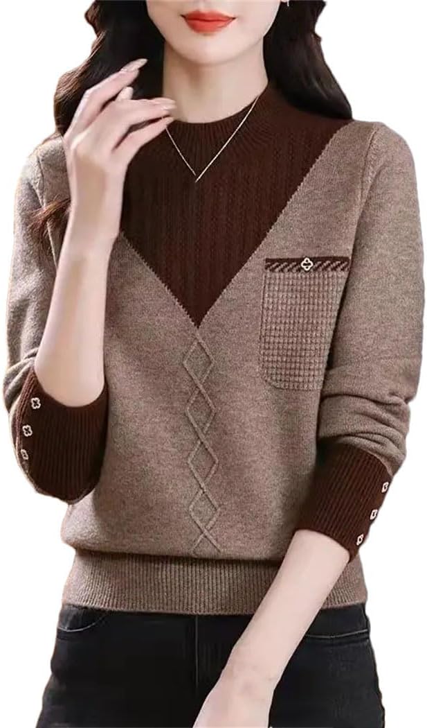 Women's Long Sleeve Pullovers Sweaters Half High Collar Contrast Color Casual Loose Knitted Tops