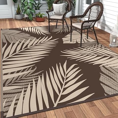 GENIMO Outdoor Rug 5' x 8' Waterproof for Patios Clearance, Reversible Outdoor Plastic Straw Camping Rug Carpet, Large Area Rugs Mats for RV, Camper, Deck, Balcony, Porch, Beach, Picnic, Coffee&Beige Cover