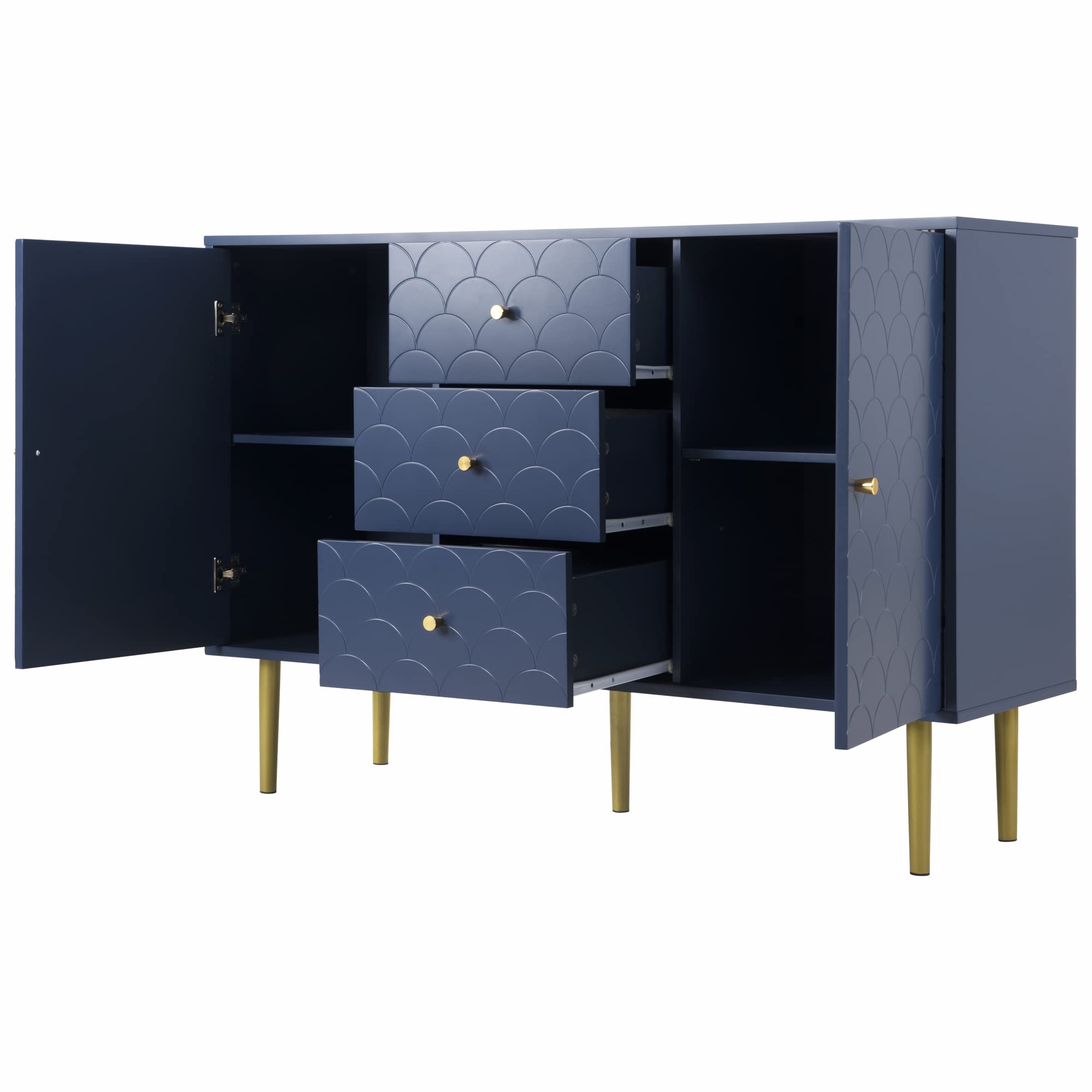 Merax Cassettiera con 3 cassetti e 2 ante, Cassettiera camera da letto, mobile Buffet con Maniglie e Gambe Dorate, Comò in legno, per Corridoio ufficio, Mobili per il soggiorno, blu navy, 120x40x82cm