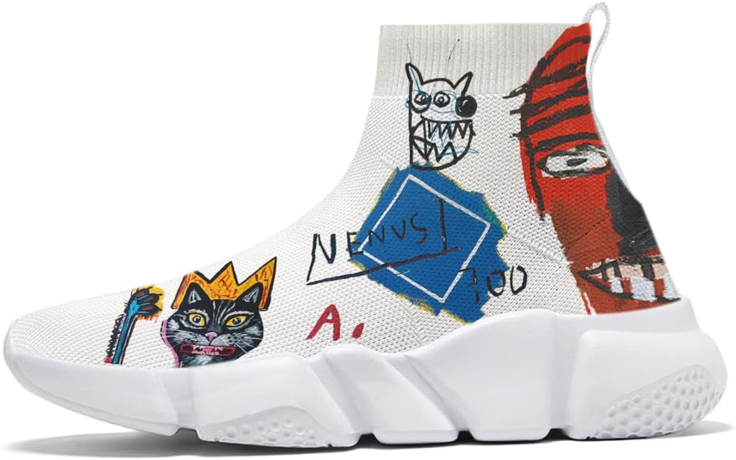 HetiosMens Walking Shoes Graffiti Sneakers Running Shoes Sock Shoes Lightweight Comfy Breathable Multicolor