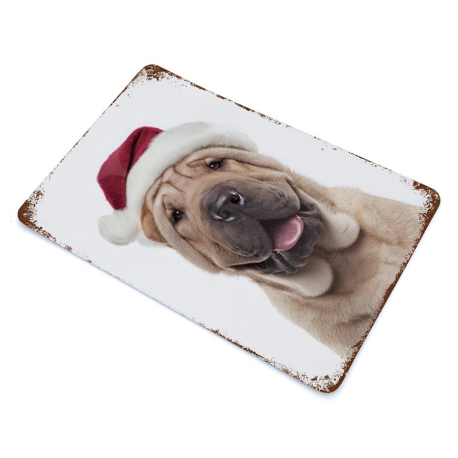 Garage Style Shar Pei Dog Wearing Santa Hat Vintage Rust Metal Sign 11.8"x7.9", Industrial Home Decor for Bar And Workshop