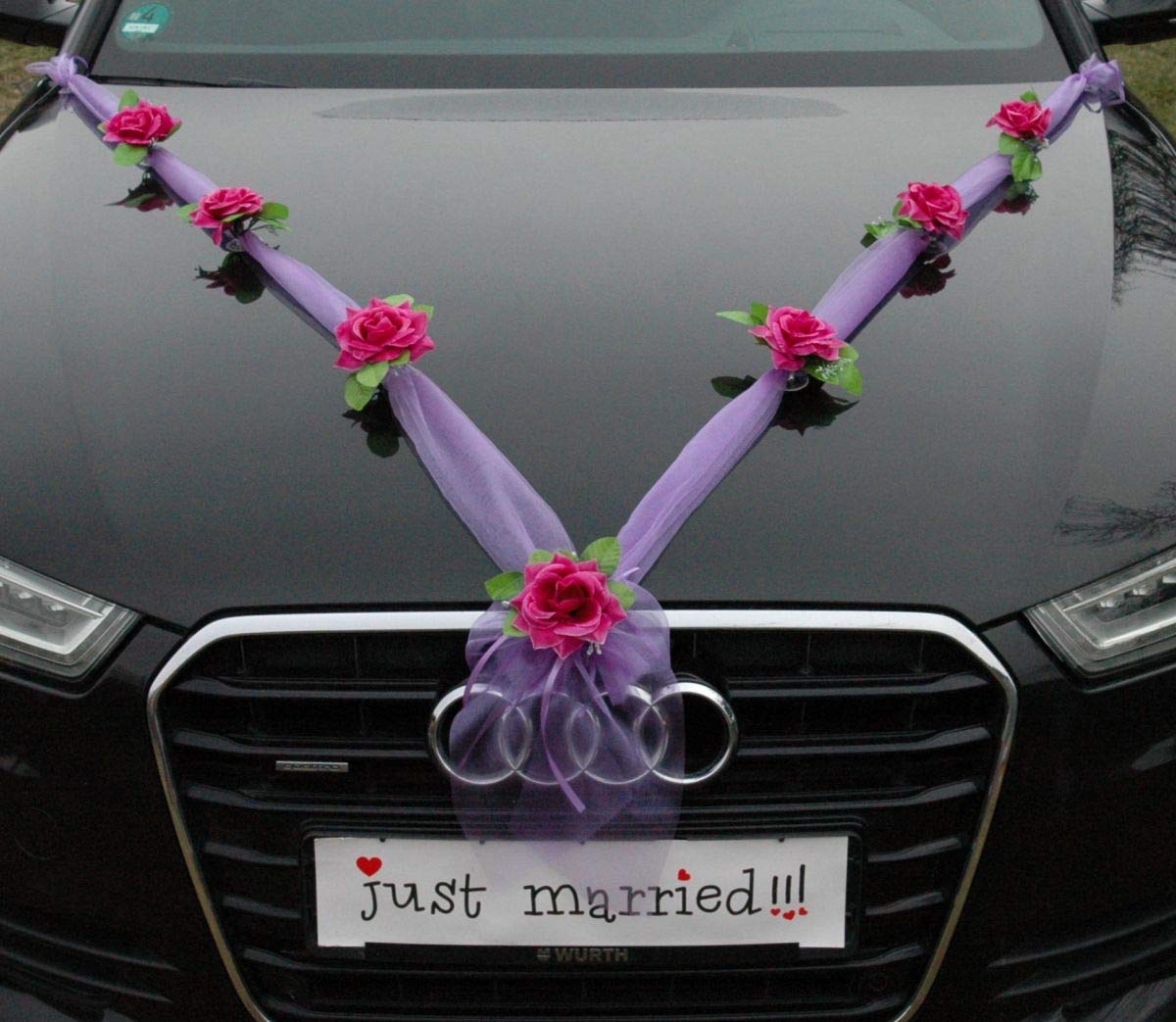 Autoschmuck Organza M Auto Schmuck Braut Paar Rose Deko Dekoration Hochzeit Car Auto Wedding Deko (Violett/Violett)
