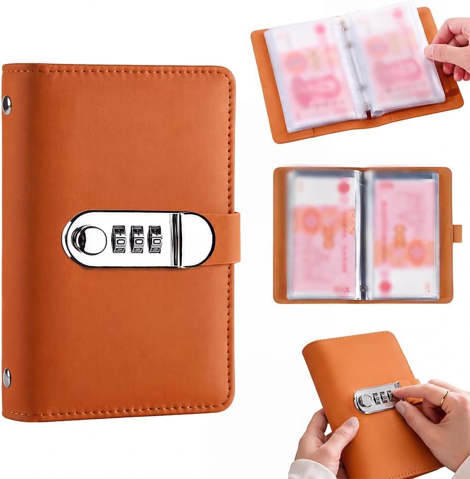 2027 Upgraded 100 Lockable Savings Notebook with Password Lock, Money Saving Book, Money Saving Binder Book with Cash Envelopes Successfully Reach Your Savings Goals (Brown)