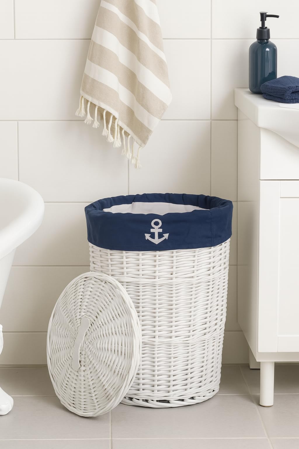 SWWK-38WRd-a - Cesto portabiancheria, in vimini, con coperchio, diametro 32 cm, altezza 47 cm, altezza 47 cm, colore: Bianco/Blu