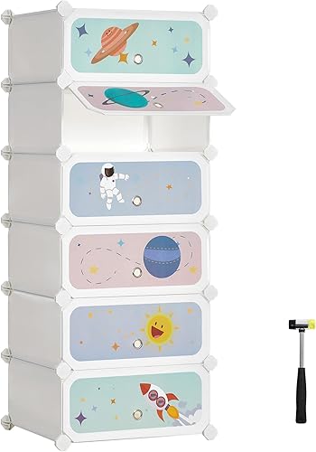 SONGMICS Zapatero para niños con puertas, organizador de almacenamiento apilable de 6 ranuras, armario de plástico, juguetes, libros, ropa, 12.2 x