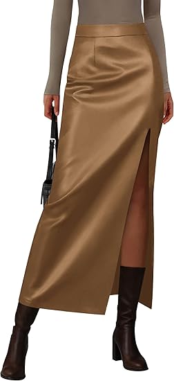 PRETTYGARDEN Womens Faux Leather Skirts 2025 Fall Fashion Bodycon High Waisted Slit Work Office Winter Maxi Long Pencil Skirt