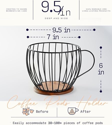 Miniatura 4 de getstar Soporte para cápsulas de café, accesorios de barra de café de alambre negro grande con base de madera de acacia