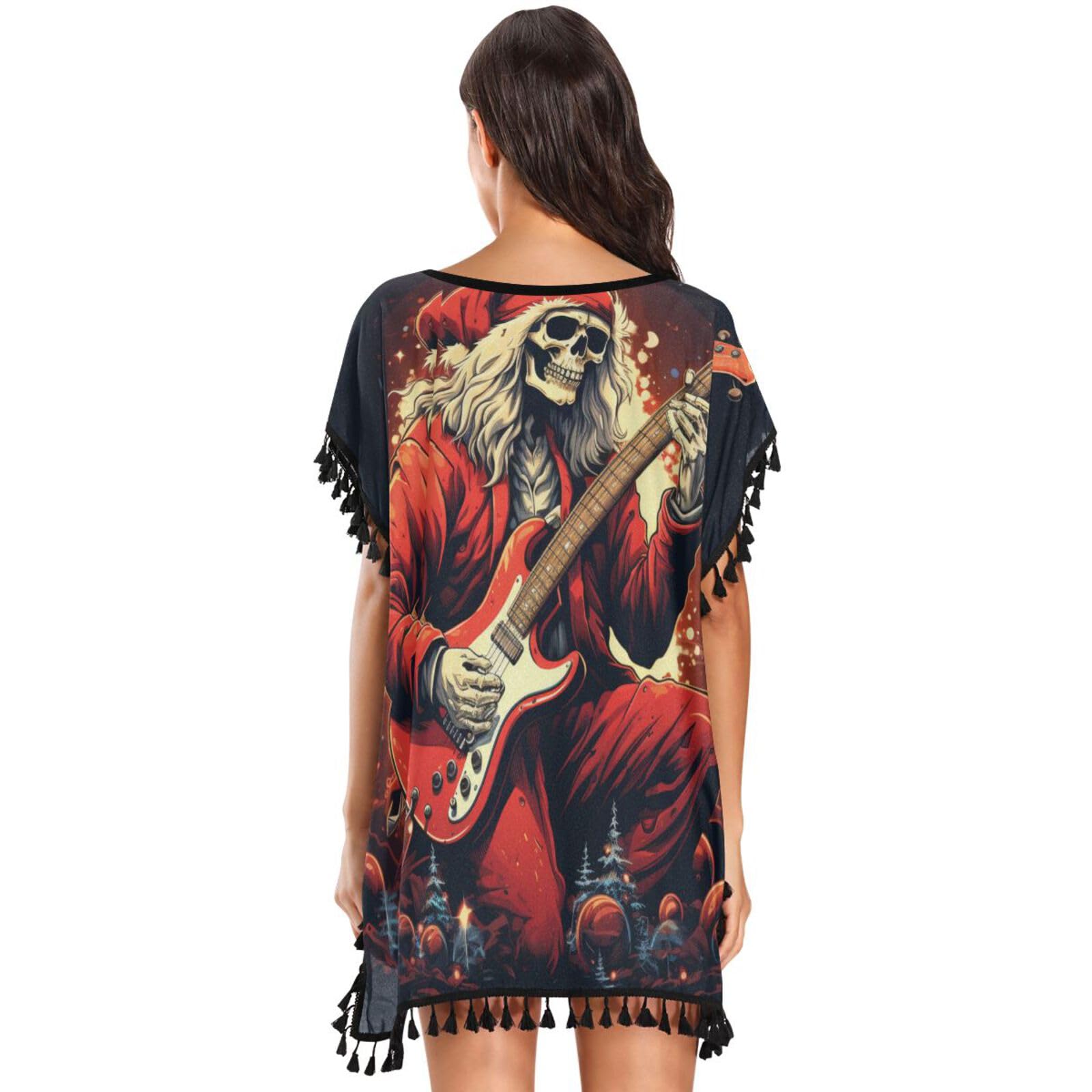 KAAVIYO Christmas Skull Santa Women's Beach Cover Up Chiffon Tassel Swimwear Swimsuit Coverups for Girl