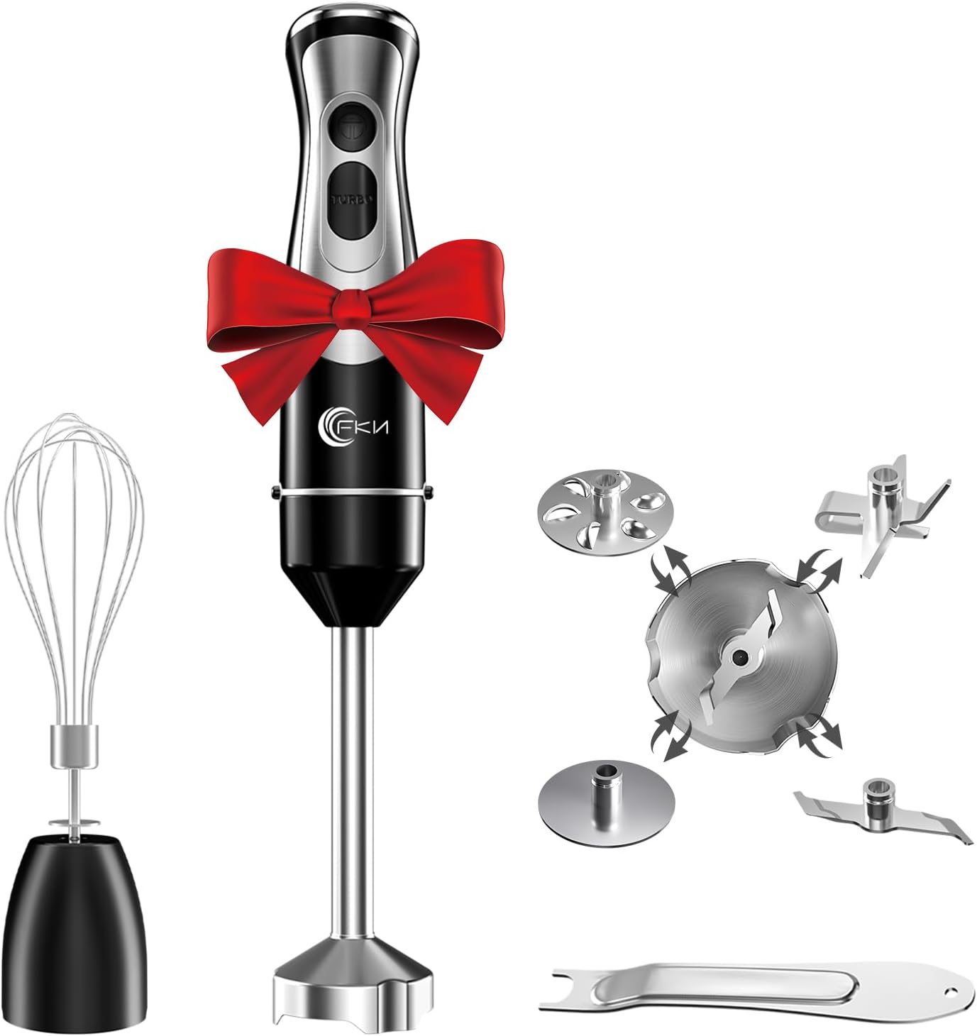 FKN Immersion Blender Handheld with 4 Interchangeable Blades, 6-in-1 Hand Blender Electric with 8 Speed and Turbo Mode,Hand Held Blender Stick with 500W Copper Motor, and Whisk