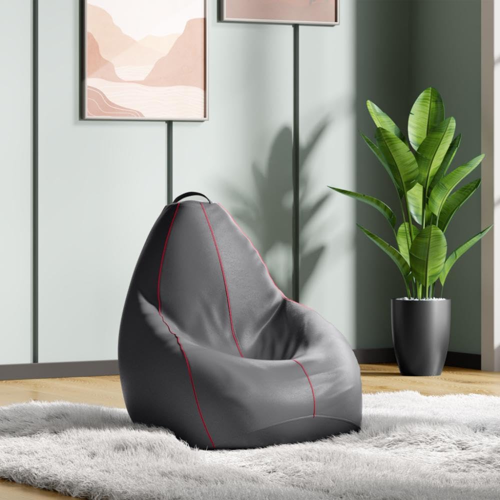 Wakefit Bean Bag XXXL | 3 Months Warranty | Leatherette Bean Bag with Beans | Grey with Red Piping