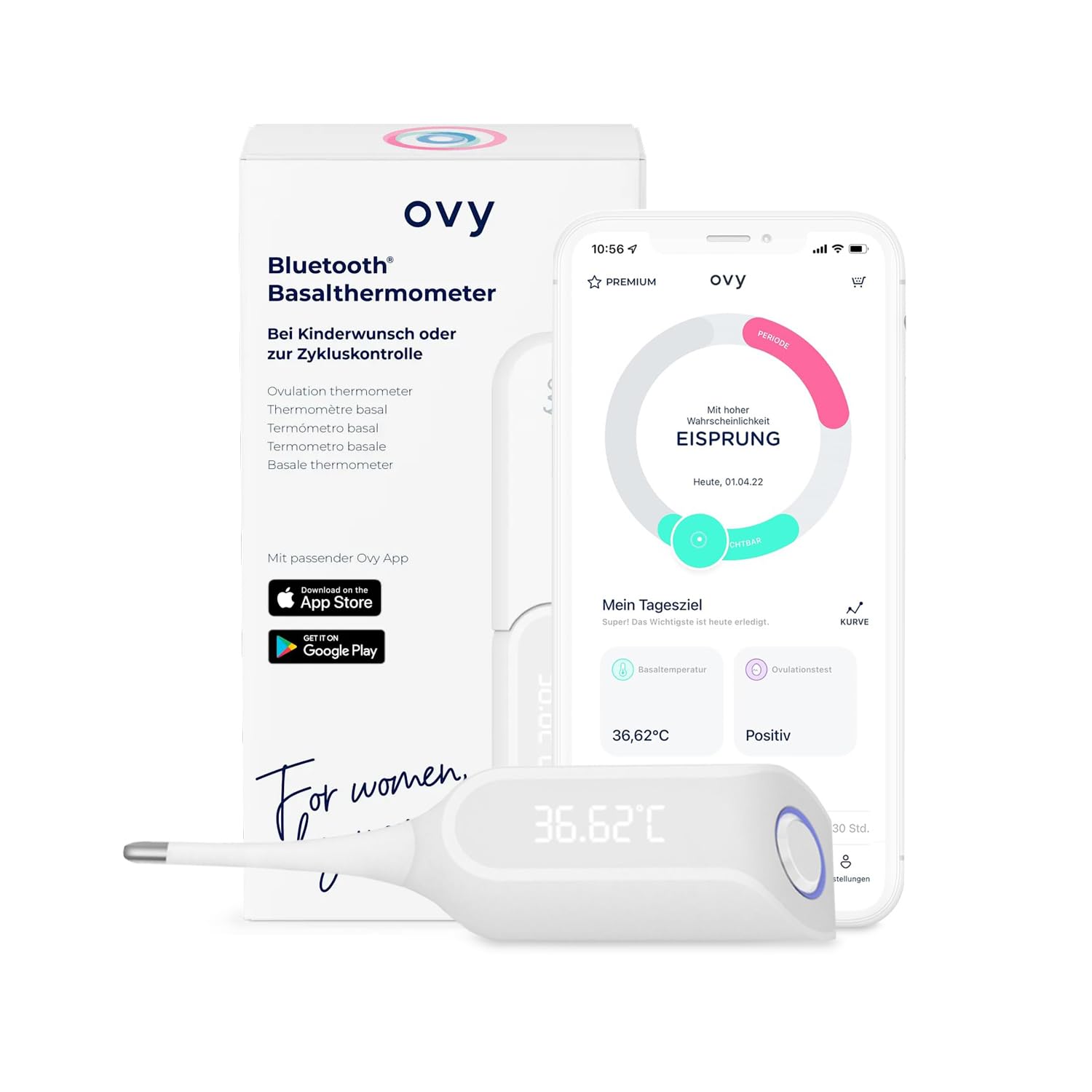 Ovy Termómetro basal Bluetooth con aplicación Ovy certificada por la UE para la prevención sin hormonas y para los deseos de los niños