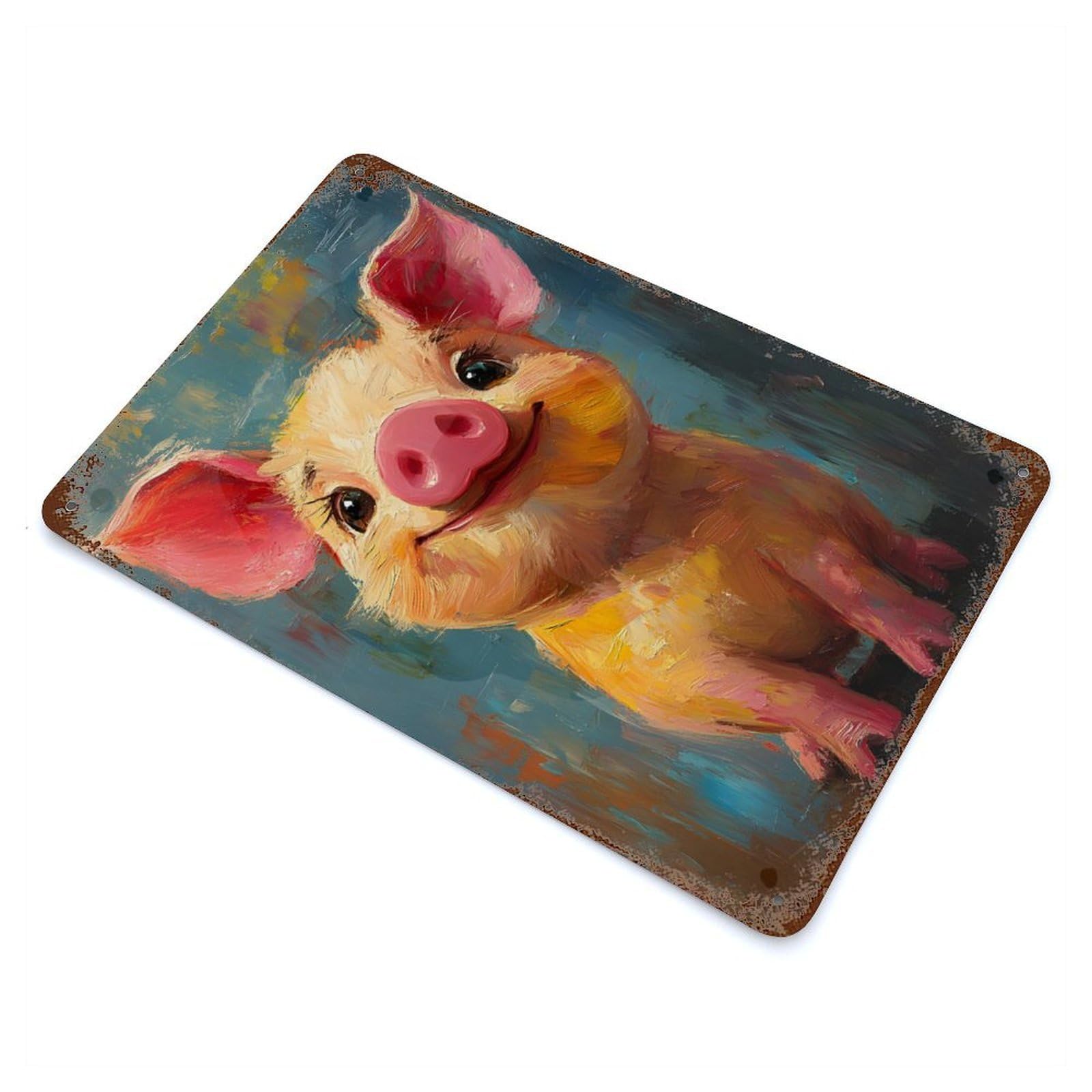 Garage Style Smile Pig Painting Distressed Metal Wall Sign 11.8"x7.9", Novelty Wall Decor for Bar And Workshop