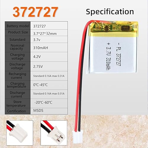 Miniatura 3 de 3.7V 310mAh 372727 Lipo batería recargable batería de iones de polímero de litio PH2.0.000 in con conector JST