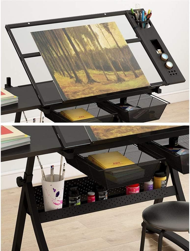 Black Drafting Table with Storage, Height Adjustable Tiltable Art Desk, Glass Panel Drawing Desk for Work Study Painting Craft Table