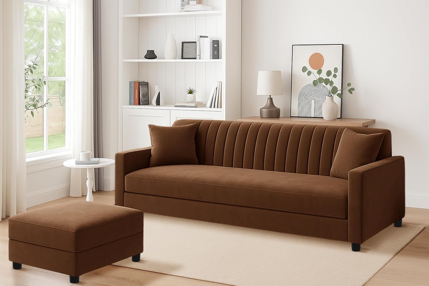 Deco Studio Modern 3-Seater Wooden Sofa Set with Ottoman, Soft Velvet Upholstery, Comfortable Couch for Living Room, Office & Apartment - Brown Color
