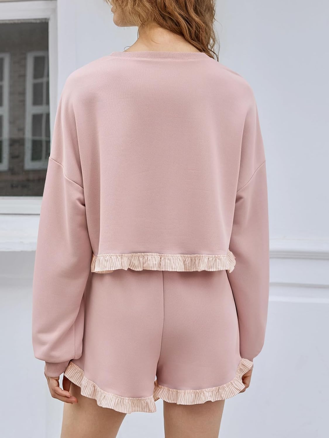 Fisoew Women's 2 Piece Lounge Sets Color Block Ruffle Cropped Sweatshirts Loose Drawstring Waist Shorts Sweatsuits - Image 3