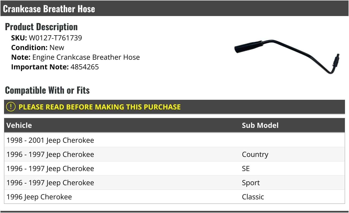 Engine Crankcase Breather Hose - Compatible with 1996-2001 Jeep Cherokee