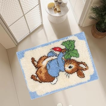 UXIYI Latch Hook Kits for Adults,Pre-Printed Canvas DIY Rug Making Kit Crochet Yarn Kits for Beginners,Crafts Carpet for Home Decoration Festival Gift,Rabbit,20.5''x15''