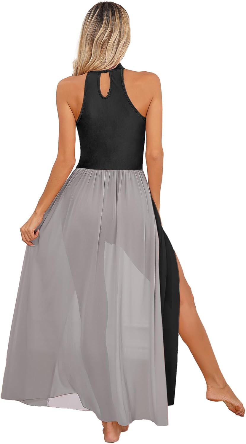 Hularka Women's Color Block Lyrical Dance Costume Long Maxi Split Modern Contemporary Dance Dress