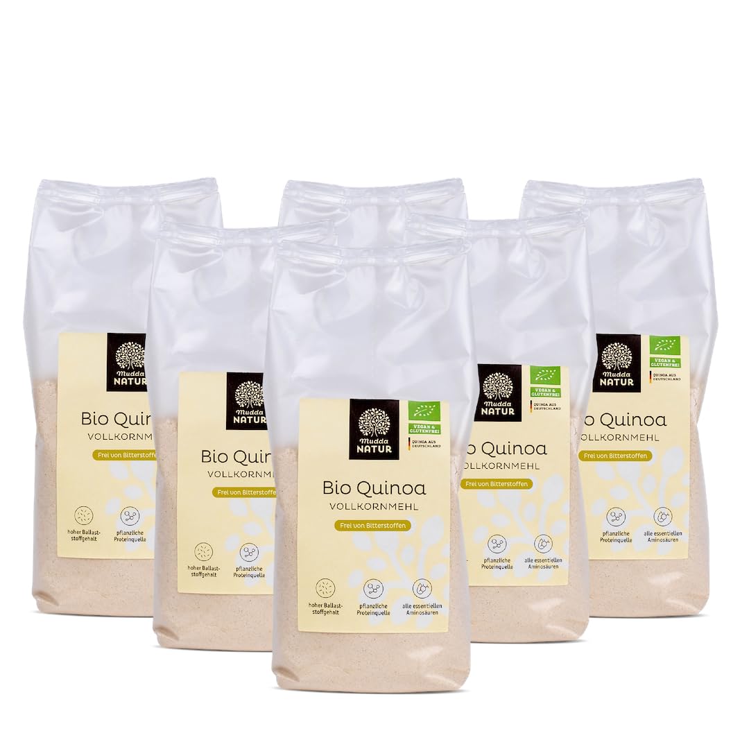 Mudda Natur Bio Quinoa Vollkornmehl (6x300g), in Deutschland angebaut, glutenfrei & ohne Bitterstoffe. Ideal für süßes & herzhaftes Backen. Proteinreich & ballaststoffreich