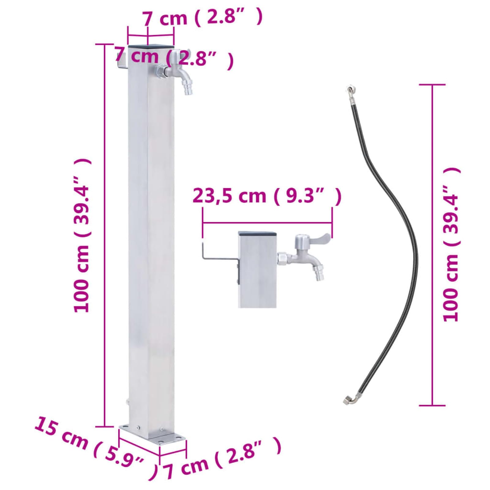 Gecheer Colonna d'Acqua da Giardino, Rubinetto Esterno con Gancio per Tubo, 100 cm, Acciaio Inossidabile e PP, Base Stabile per Irrigazione Esterna, Lavaggio Auto e Cura Animali