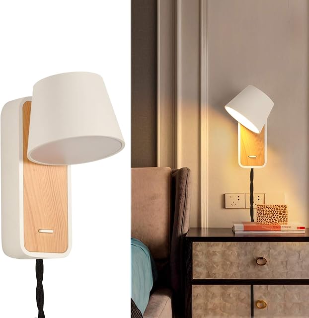 White Plug in Wall Light LED 6W 2700K Up Down Wooden Sconces with Switch for Bedrooms Hallway Living Room, Indoor Contemporary Mounted Lighting Fixture,Bedside Rotatable Reading Lights with Cord