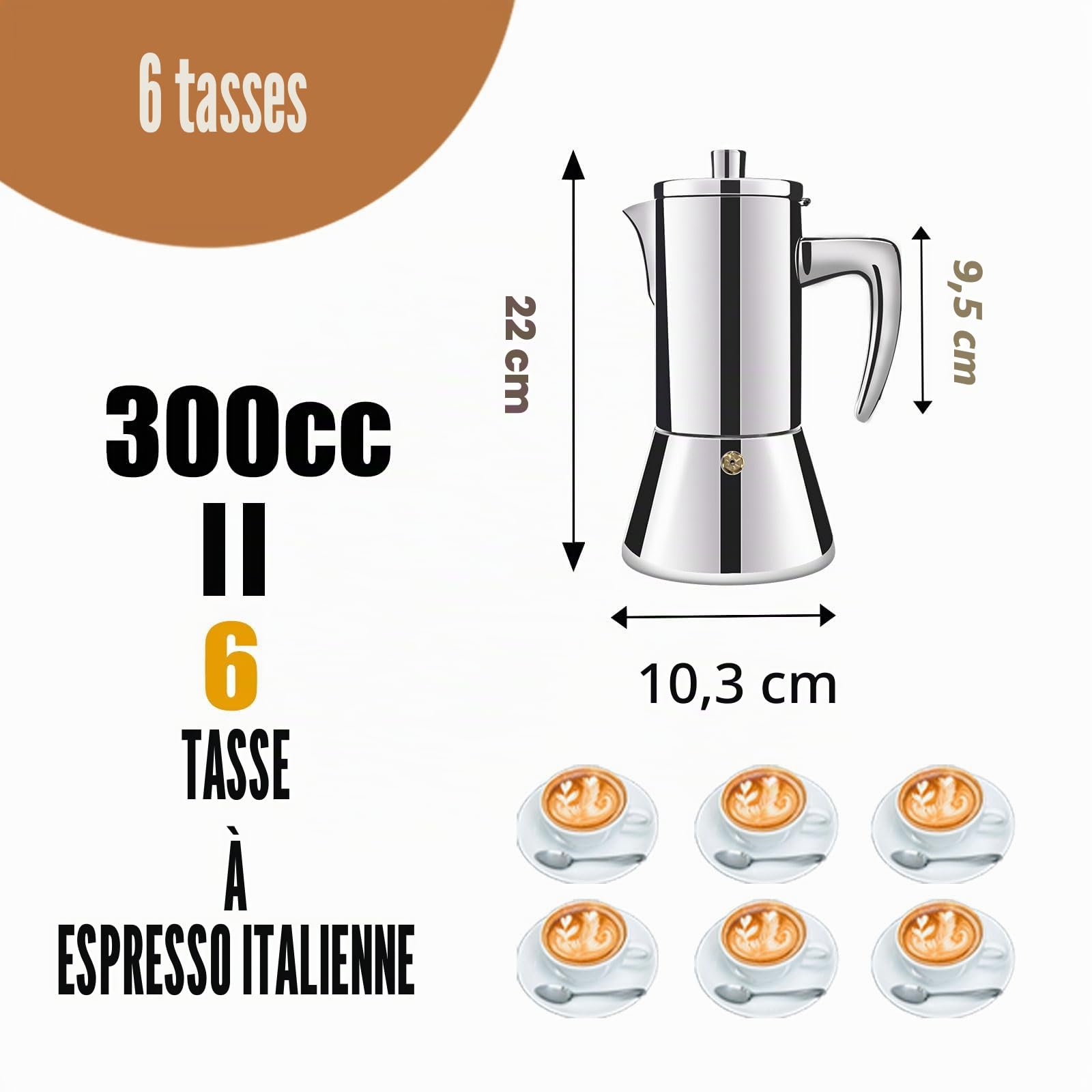 6 Tasse en Acier Inoxydable 304 épaissie Moka Cuisinière Expresso Cafeteras Cafetière Italienne Capable Moka Cafetière Greca Pour Maison et Camping 300ml 10oz