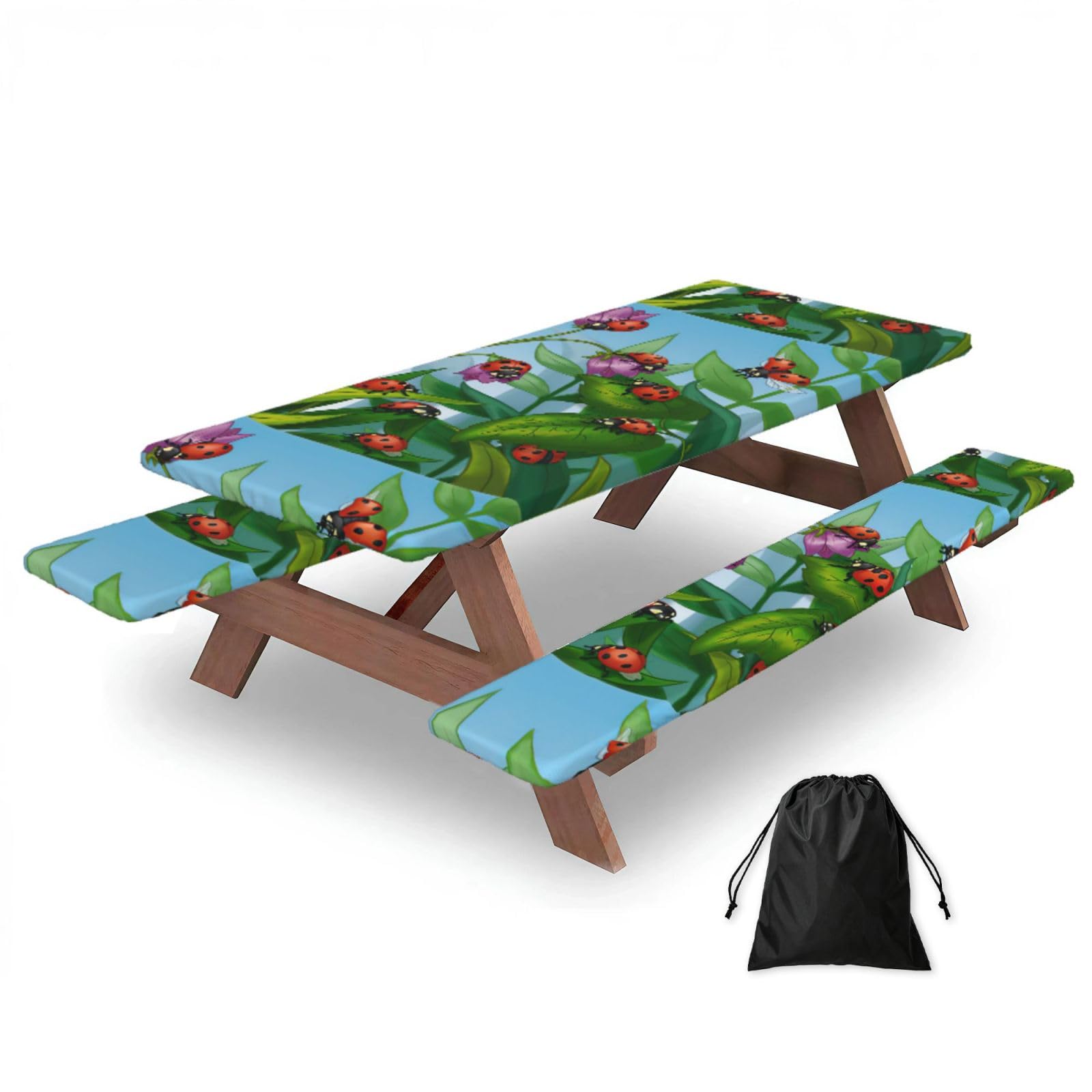 Yqxwjl Black Ladybug Print Camping Essentials Waterproof Camping Table And Bench Cover With Drawstring Bag 183 Cm