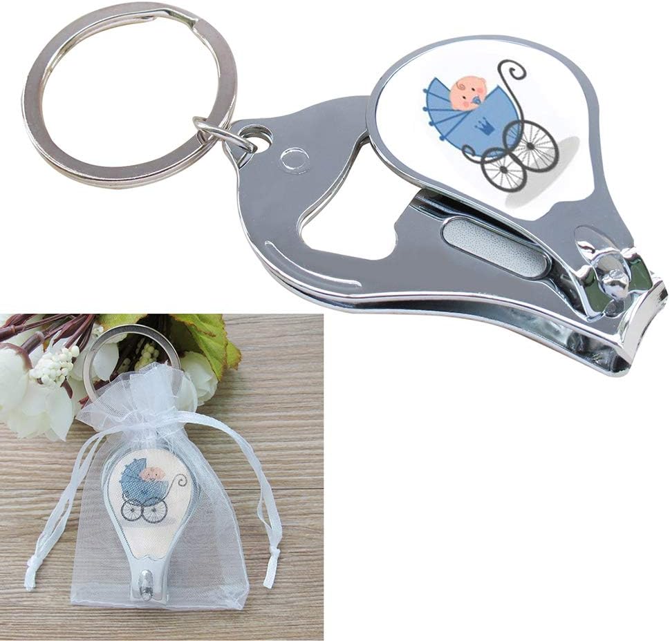 12 PCS Personalized Baby Shower Blue Boy Keychain Favors/Nail Clipper and Bottle Opener/Custom Laser Engraving Gift (Stroller)