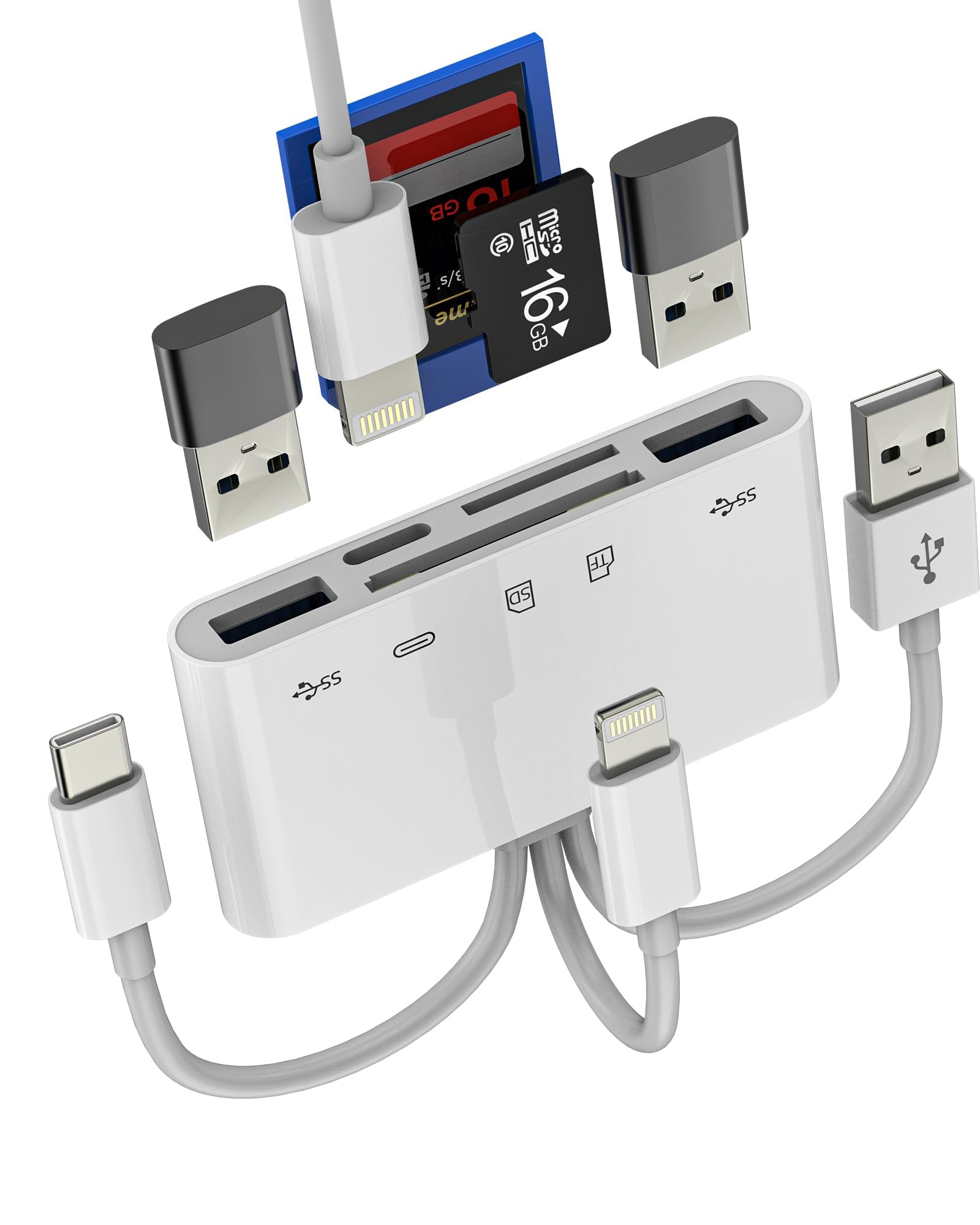 Adaptador Lightning USB C USB a Lector de Tarjetas SD y Micro SD OTG 5 en 1 para Apple para iPhone16 15 14 para iPad PC Cámara Tarjeta de Memoria TF Tarjetas Transferir Fotos Memoria USB